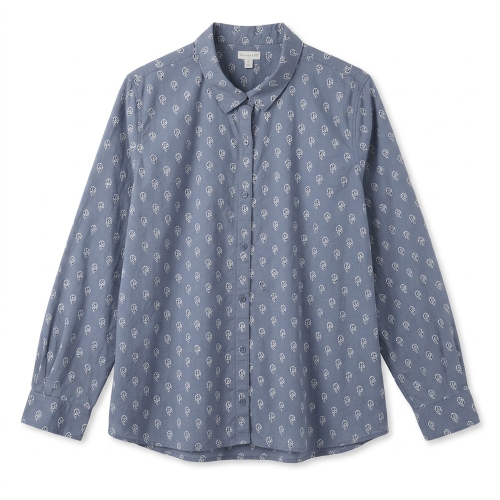 Garnet Hill Size 18 Blue 100% Organic Pima Cotton Floral Button Down Shirt